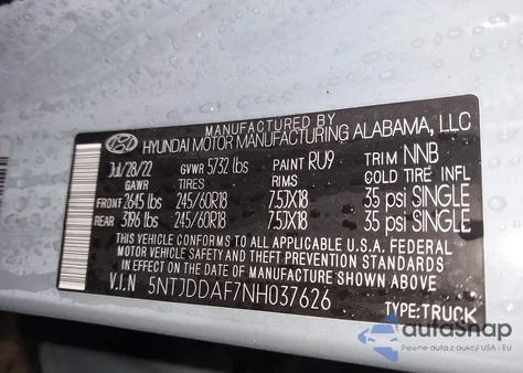 2022 Hyundai Santa Cruz Sel Premium z USA, uszkodzony, nr VIN 5NTJDDAF7NH037626